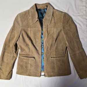 Liz Claiborne Tan Suede Leather Jacket Paisley Lining Zip Front Womens Size 10